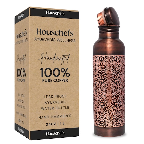 Pure Copper Bottle 34oz, Leak Proof Copper Bottle for Drinking Water, Unique Design Yoga Bottle for Home, Water Bottle