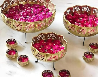 Decorative Lotus Urli Bowl Set of 10pcs - Candle Holders, Diwali Decor, Festive Gifts, Office & Table Decor, Wedding Pooja