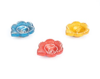 Handmade Clay Diya Lamps - Set of 12 Decorative Flower-Shaped Oil Lamps for Diwali and Festive Decor - Multicolor (Red, Yellow, Blue)