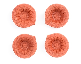 Handcrafted Terracotta Diya Lamps Set of 4  – Traditional Indian Oil Lamps with Intricate Floral Design for Festival Decoration