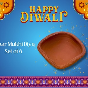 Traditionelle handgemachte Plain Erdeer Ton (Mitti) Diya große ChaarMukhi für Diwali, Navratri, Diwali Dekor, Dekoration, Eco-Friendly|6Stk