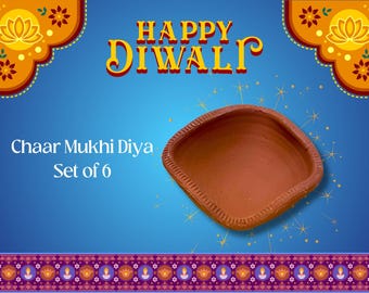 Traditional Handmade Plain Earthen Clay (Mitti) Diya Large ChaarMukhi for Diwali, Navratri, Diwali Decor, Home Decoration, Eco-Friendly|6Pcs