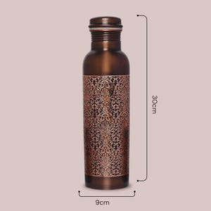 May include: A copper water bottle with an intricate floral design. The bottle is 9 inches in diameter and 12 inches tall.