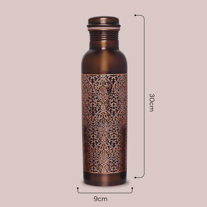 May include: A copper water bottle with an intricate floral design. The bottle is 9 inches in diameter and 12 inches tall.