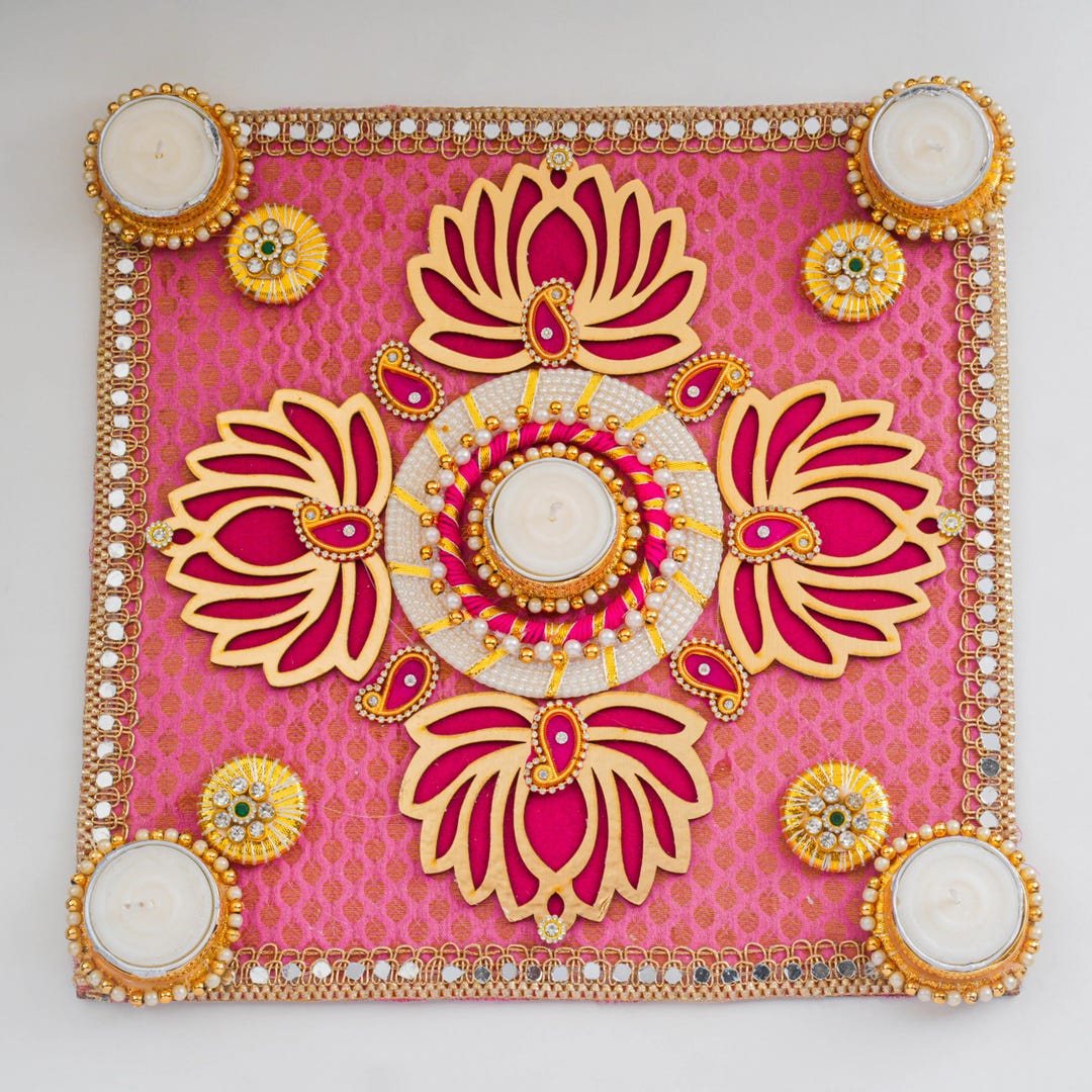 Handcrafted Lotus Rangoli With Tealight Holders – Square Pink & Gold ...