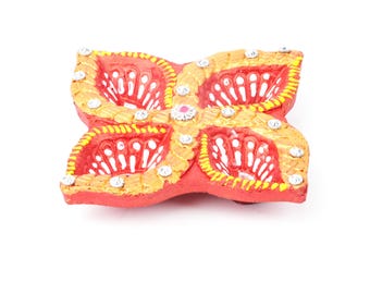 Handcrafted Decorative Designer Diya Set of (4 pcs) | Golden & Red Floral Oil Lamps with Stone | Diwali Festival Rangoli Diyas for HomeDecor
