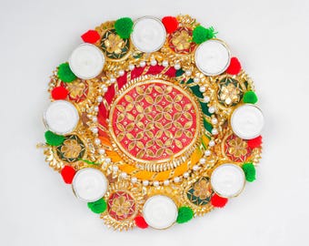 Round Gotta Patti Rangoli Tealight Holder – Handcrafted Diwali Mat with Mirror Work & Bead | Decorative for Puja and Home Décor (Multicolor)
