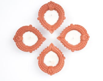 Traditional Handmade Clay Diya Wax Candle Holder Set of 4 – Decorative Earthen Tea Light Lamps for Festivals and Home Decor