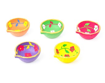 Handmade Phool Chitra Diya Set (12 pcs) with Cotton Wicks | Decorative Painted Clay Oil Lamps | Floral Diyas for Diwali, Pooja & Gifting