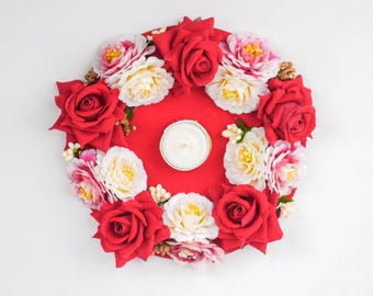 Roses & Flower Rangoli Tealight Holder – Artificial Floral Candle Decoration for Diwali, Wedding, Home Temple and Festive Decor