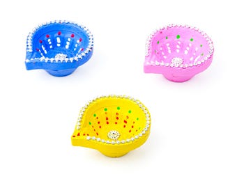 Handmade Clay Diya Set (12 pcs) | Multicolor Decorative Painted Clay Oil Lamps | Floral Diyas for Diwali, Pooja & Gifting