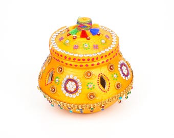 Handcrafted Traditional Decorative Clay Garbi with Colorful Embellishments and Mirror Work – Vibrant Yellow Finish