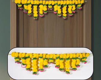 Artificial Marigold Flower Toran for Door Decoration – Yellow & Pink Floral Bandhanwar for Home, Festive and Wedding Decor