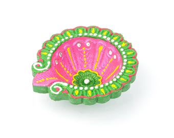 Handmade Round Designer Diya Set of (4 pcs) | Pink & Green Decorative Clay Oil Lamps for Diwali | Traditional Festival Diyas for Home Decor