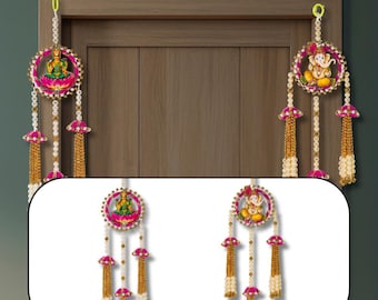 Lakshmi Ganesh Door Hanging with Beads and Pearls | Traditional Toran Wall Hanging for Home Temple, Entrance & Diwali Decoration
