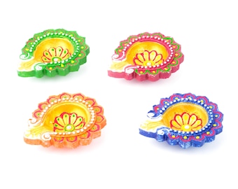Handmade Designer Clay Diya Set (4 pcs) | Multicolor Decorative Oil Lamps | Traditional Diwali Diyas for Home Décor & Gifting