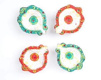 Traditional Handcrafted Diwali Clay Diyas - Set of 4 Decorative Oil Lamps with Vibrant Red & Green Floral Designs, Perfect for Festivals