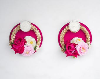Rose Flower Tealight Candle Holders Set of 2 – Handmade Decorative Diyas for Home Décor, Diwali, Pooja and Festive Gifting (Pink & Gold)