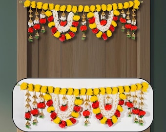 Artificial Flower Toran for Door Decoration | Decorative Bandarwal with Bells | Festive Home Décor for Diwali, Navratri, Wedding & Pooja