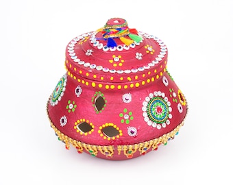 Handcrafted Traditional Decorative Clay Garbi with Colorful Embellishments and Mirror Work – Vibrant Red Finish