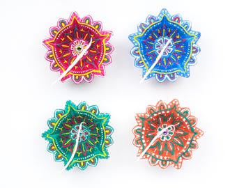 Handmade Decorative Clay Diya Set (4 pcs) – Multicolor Star-Shaped Oil Lamps with Wicks | Traditional Diwali Diyas for Festive Decor