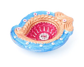Handmade Round Designer Diya Set of (4 pcs) | Red & Blue Decorative Clay Oil Lamps for Diwali | Traditional Festival Diyas for Home Decor
