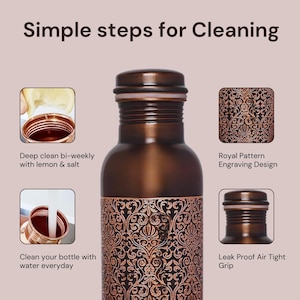 May include: A copper water bottle with a royal pattern engraving design. The bottle has a leak-proof air-tight grip and instructions for cleaning with lemon and salt bi-weekly and water daily.