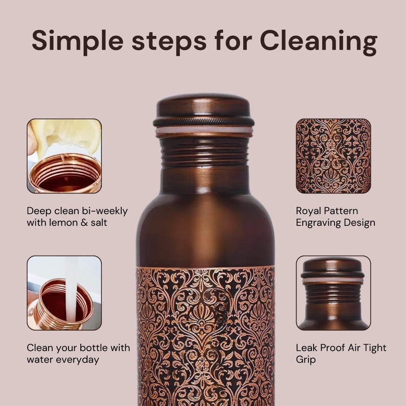 May include: A copper water bottle with a royal pattern engraving design. The bottle has a leak-proof air-tight grip and instructions for cleaning with lemon and salt bi-weekly and water daily.