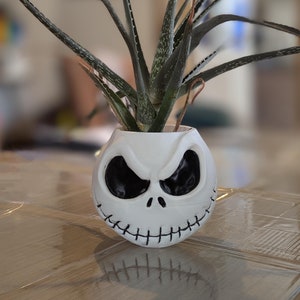 Peut inclure: Un pot en céramique blanc en forme de visage de Jack Skellington du film L'Étrange Noël de monsieur Jack. Le pot a des yeux noirs et une bouche cousue. Une plante succulente verte pousse dans le pot.