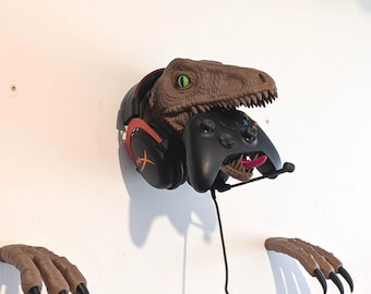 PS5 Xbox Controller & Gaming Headset Wall Holder | Dinosaur Raptor Gaming Decor | No Supports 3D Print STL | Gift Idea