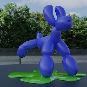 May include: A blue balloon animal shaped like a dog is lying on a green puddle. The balloon animal has a long snout and floppy ears.