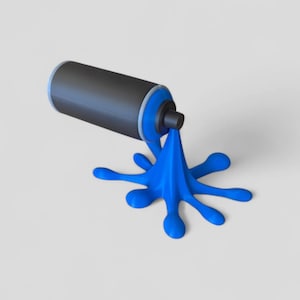 May include: A black spray paint can with blue paint spilling out in a starburst shape.