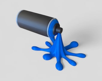 May include: A black spray paint can with blue paint spilling out in a starburst shape.