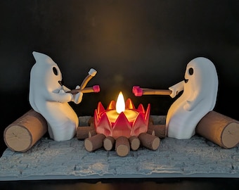 Cute Ghost Campfire Diorama STL & 3MF | Halloween Tealight Holder | 3D Printable Halloween Decor | Cozy Autumn LED Candle