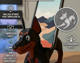 STL File Doberman Dog Phone Holder | 3D Printed Smartphone Dock | Original Desktop Stand | 3D Printable Digital File