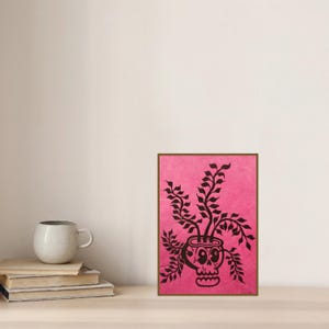 Floral Skull Wall Art A4 | Handmade Pink & Black Print | Gothic Botanical Artwork | Unique Boho Home Decor | Life And Death Symbolic Gift
