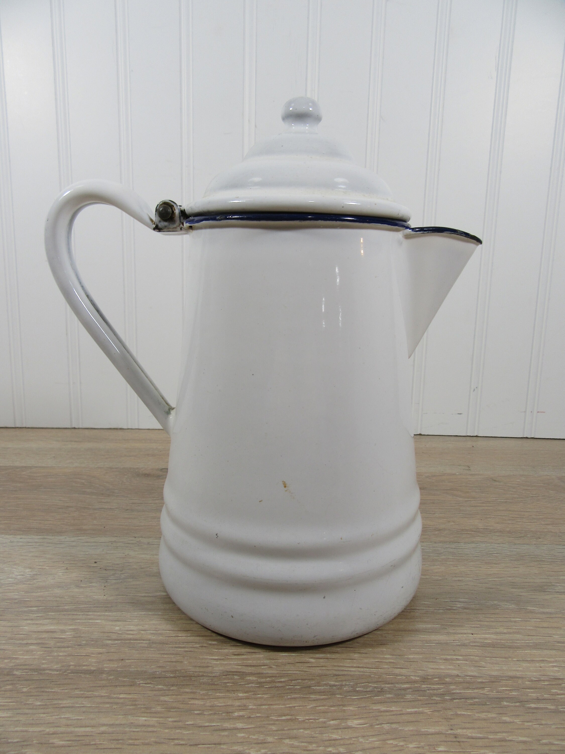 Vintage white enamel teapot with hinged lid and cobalt blue Etsy