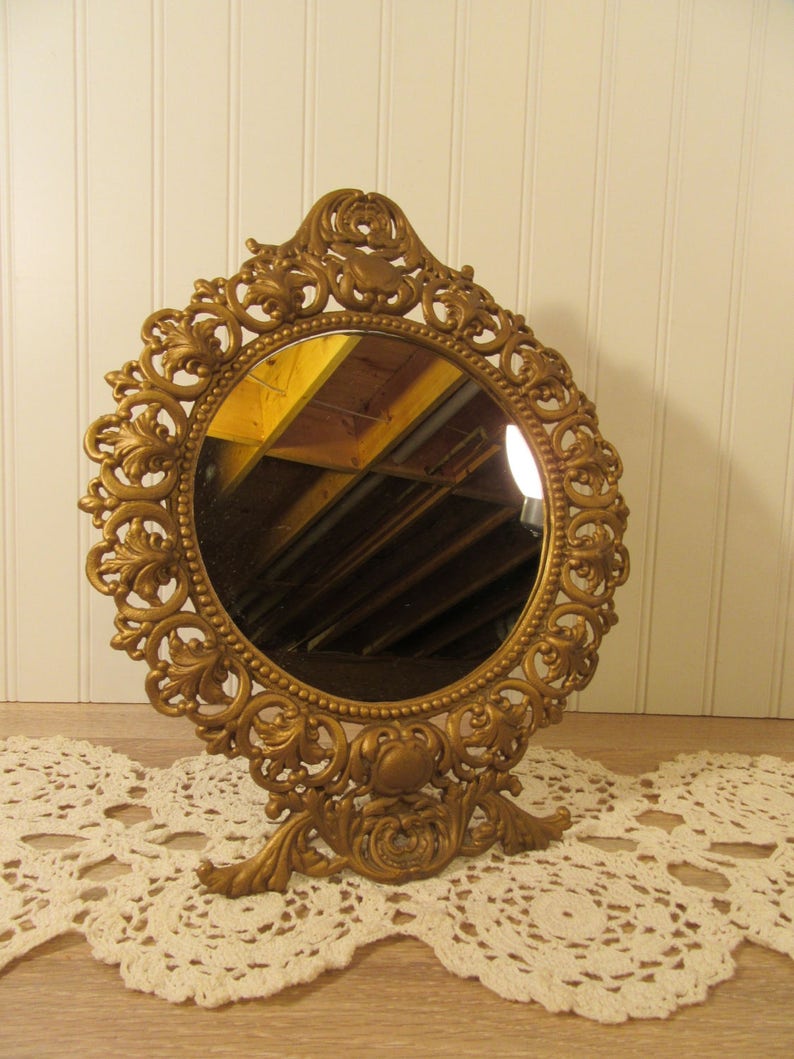 Iron Art Ornate Vintage Metal Dresser Mirror With Folding Stand Free Fine Condition Ready To Use Fully Functional