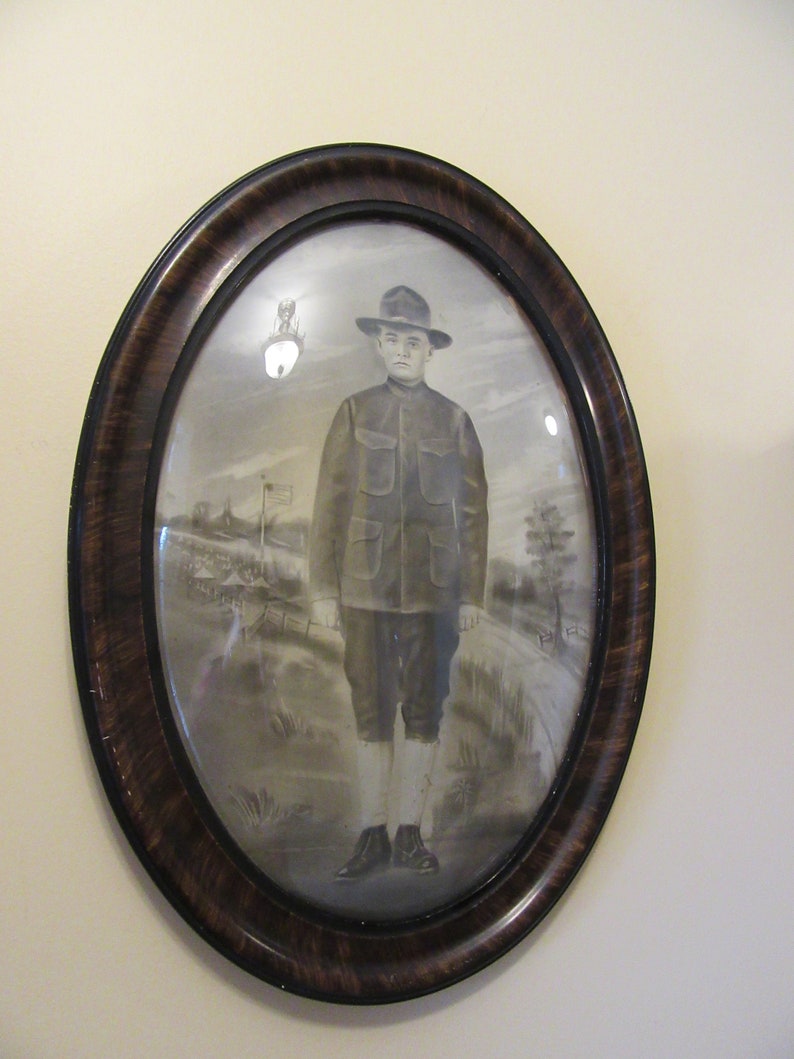 Wood Bubble Glass Frame With Military Photo Rare Old Solid Image 0