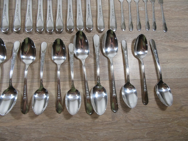 shiny Rogers silver plate flatware set circa 1940s-FREE SHIPPING-beautiful Priscilla Lady Ann pattern 79 pieces for one price