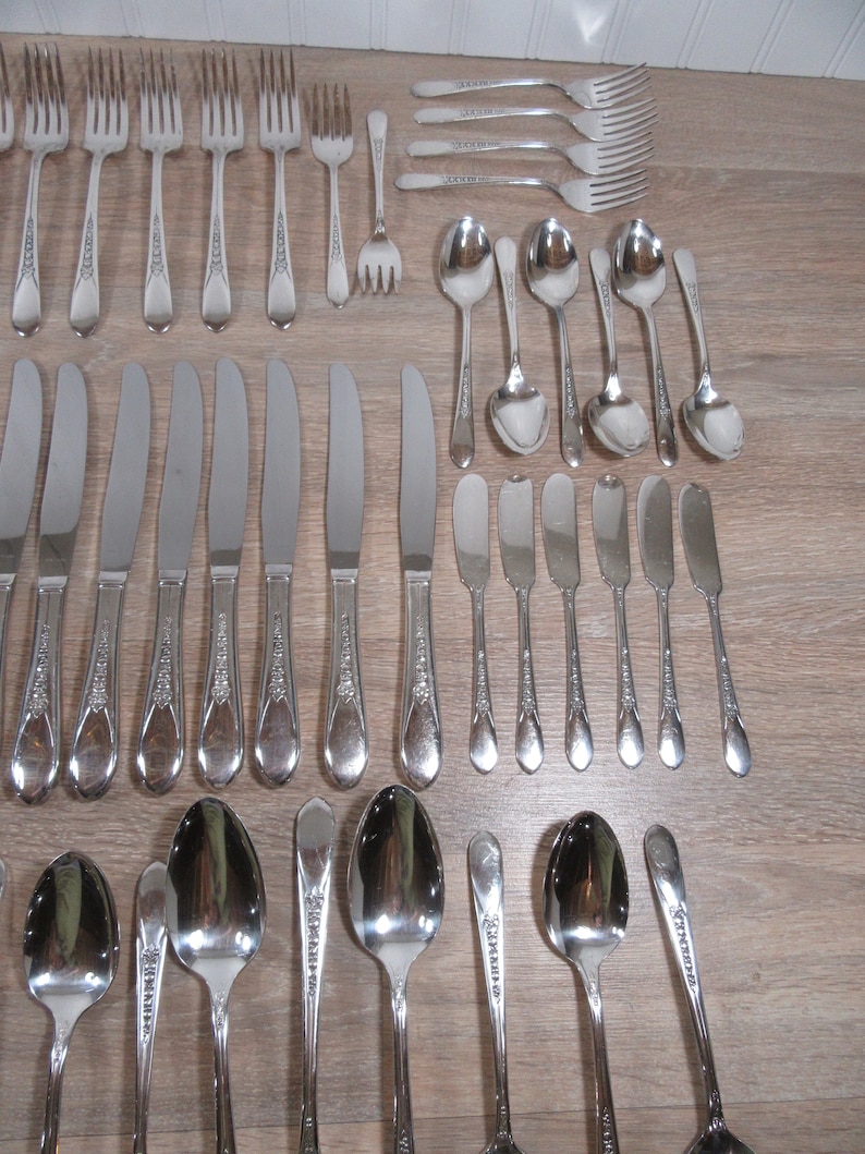 shiny Rogers silver plate flatware set circa 1940s-FREE SHIPPING-beautiful Priscilla Lady Ann pattern 79 pieces for one price