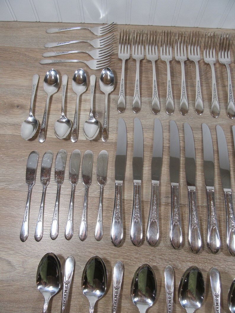 shiny Rogers silver plate flatware set circa 1940s-FREE SHIPPING-beautiful Priscilla Lady Ann pattern 79 pieces for one price