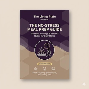 Op de afbeelding: Boekomslag getiteld "The No-Stress Meal Prep Guide" door Rob Mauri. De omslag heeft een paars en bruin ontwerp met de tekst "Effortless Mornings & Peaceful Nights for Busy Moms". Een cirkelvormige afbeelding bevat een klok en een persoon.