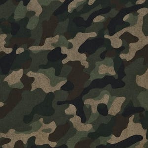 May include: A camouflage pattern with shades of green, brown, and black. The pattern is abstract and resembles a woodland setting.