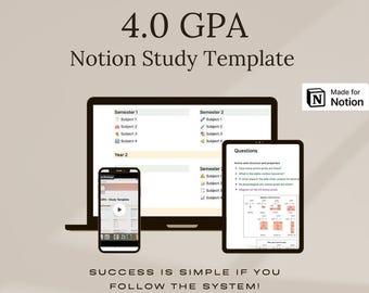 Plantilla de estudio de Notion para lograr un GPA de 4.0 / Planificador de estudio de Notion para estudiantes de escuelas, universidades y estudiantes de medicina