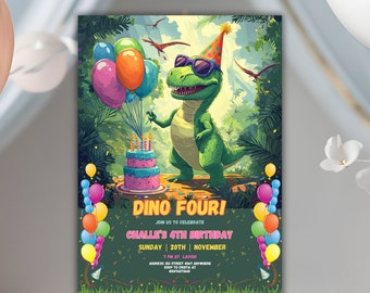 May include: A green dinosaur wearing sunglasses and a party hat holds a bunch of colorful balloons and a pink and blue birthday cake. The text on the invitation reads "Dino Four! Join us to celebrate Challe's 4th Birthday, Sunday 20th November, 1 pm at Lavon."