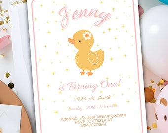 Duck Birthday Party Invitation, Girls First Birthday Invite, Kids Birthday Invite, One Lucky Duck Birthday Invitation Template, 1st Birthday