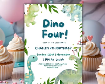 May include: A white invitation card with green leaves and colorful dinosaur illustrations. The text reads "Dino Four!" and includes details for a birthday party. The party is for Challe's 4th birthday, on Sunday, November 20th at 7 PM at Lavish. The address is 123 street 4567 anywhere. RSVP to Crista at 412476273641.