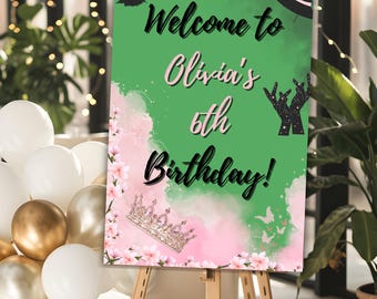Panneau de bienvenue anniversaire Wicked thème, déco de fête verte et rose Wicked musical & sorcières, modèle de panneau de fête Wicked Broadway