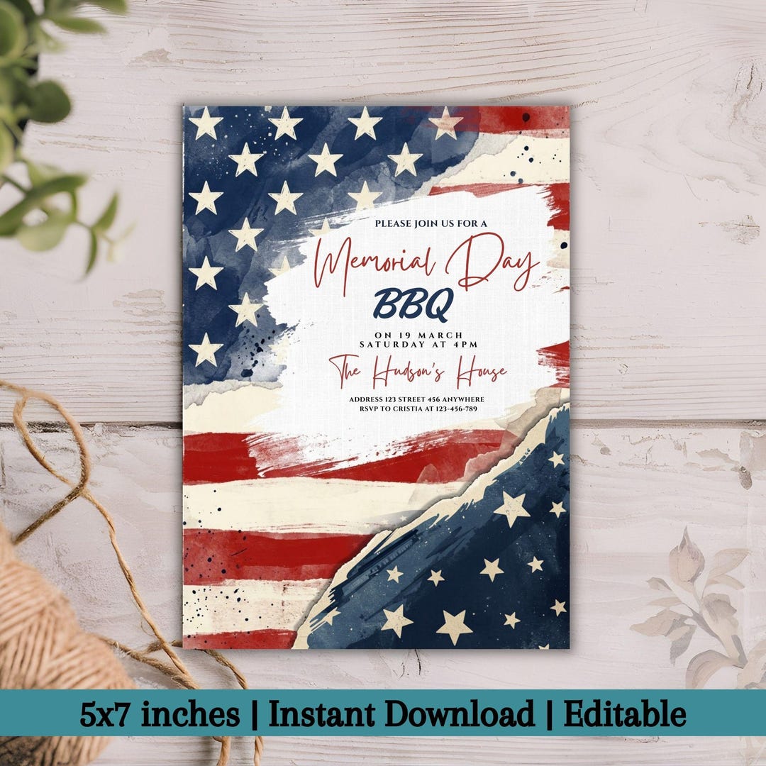 Memorial Day BBQ Invitation Template | Editable Red White and Blue ...